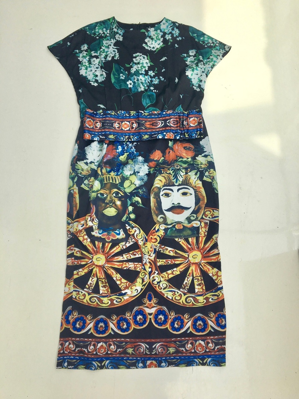 Testa Di Moro Printe Midi Dress with Floral and Baroque Motifs with Belt sz M